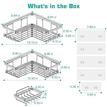YASONIC Corner Shower Caddy, 3-Pack Adhesive Shower Caddy with Soap Holder and 12 Hooks, Rustproof Stainless Steel Bathroom Shower Organizer, No Drilling Wall Mounted Shower Rack, Brushed Silver