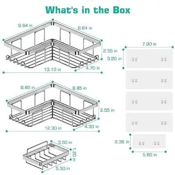 YASONIC Corner Shower Caddy, 3-Pack Adhesive Shower Caddy with Soap Holder and 12 Hooks, Rustproof Stainless Steel Bathroom Shower Organizer, No Drilling Wall Mounted Shower Rack, Brushed Silver