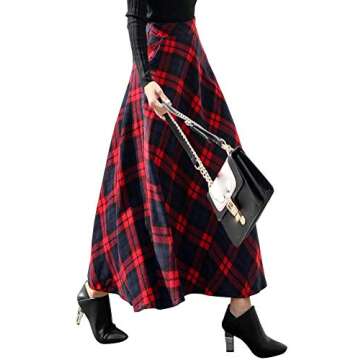 IDEALSANXUN Womens High Elastic Waist Maxi Skirt A-line Plaid Winter Warm Flare Long Skirt (X-Small, Long Red)