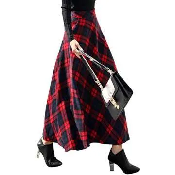 IDEALSANXUN Womens High Elastic Waist Maxi Skirt A-line Plaid Winter Warm Flare Long Skirt (X-Small, Long Red)