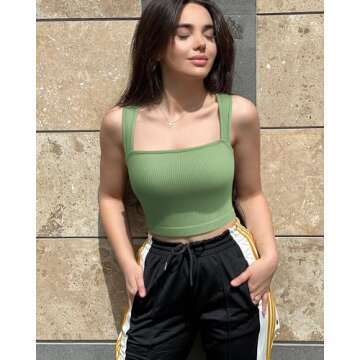 OQQ Women's 3 Piece Tank Tops Strappy Sleeveless Square Neck Stretch Tee Shirts Crop Camis Black Pea Green Beige