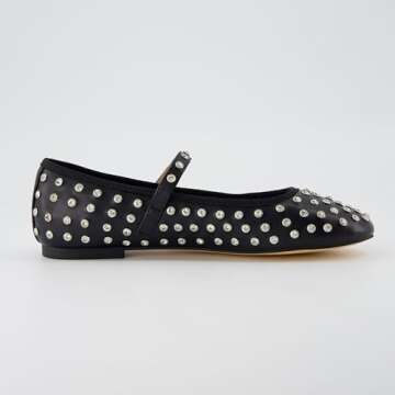 CUSHIONAIRE Women’s Flashy Studded Mary Jane Flats | Comfortable Memory Foam, Faux Leather, Lightweight, Wide Widths Available, Black Embellish 8