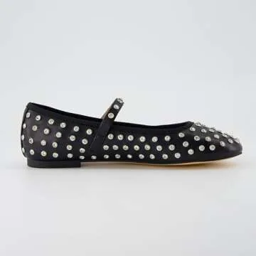 CUSHIONAIRE Women’s Flashy Studded Mary Jane Flats | Comfortable Memory Foam, Faux Leather, Lightweight, Wide Widths Available, Black Embellish 8
