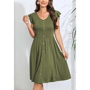 Lamilus Midi Dresses for Women Ruffle Sleeve V-Neck Party Dress Flared A-Line Button Down Casual Dre...