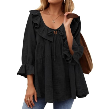 ZESICA Womens Scoop Neck 3/4 Length Sleeve Tops Casual Tie Front Ruffle Tiered Loose Tunic Shirts Bl...