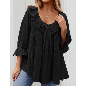 ZESICA Womens Scoop Neck 3/4 Length Sleeve Tops Casual Tie Front Ruffle Tiered Loose Tunic Shirts Blouses Spring Outfits,Black,Large