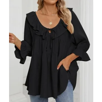 ZESICA Womens Scoop Neck 3/4 Length Sleeve Tops Casual Tie Front Ruffle Tiered Loose Tunic Shirts Blouses Spring Outfits,Black,Large