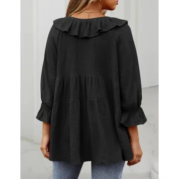 ZESICA Womens Scoop Neck 3/4 Length Sleeve Tops Casual Tie Front Ruffle Tiered Loose Tunic Shirts Blouses Spring Outfits,Black,Large