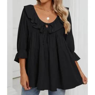 ZESICA Womens Scoop Neck 3/4 Length Sleeve Tops Casual Tie Front Ruffle Tiered Loose Tunic Shirts Blouses Spring Outfits,Black,Large