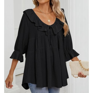 ZESICA Womens Scoop Neck 3/4 Length Sleeve Tops Casual Tie Front Ruffle Tiered Loose Tunic Shirts Blouses Spring Outfits,Black,Large