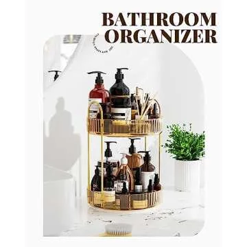 Devokimi Bathroom Organizer Countertop, Rotating Makeup Organizer for Vanity, 2-Tier Make Up Organizers and Storage, Vanity Tray Shelf for Cosmetic, Skin Care, Lotions (Champagne Gold)