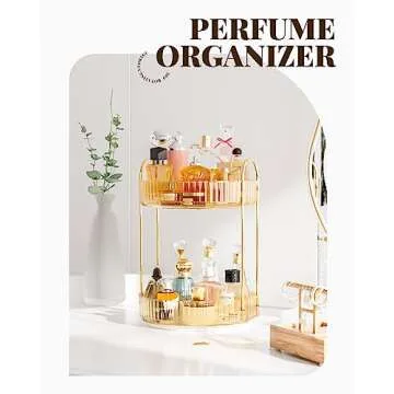 Devokimi Bathroom Organizer Countertop, Rotating Makeup Organizer for Vanity, 2-Tier Make Up Organizers and Storage, Vanity Tray Shelf for Cosmetic, Skin Care, Lotions (Champagne Gold)