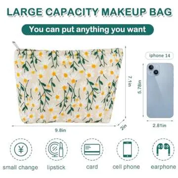 ZLFSRQ Daisy Flower Makeup Bag Travel Cute Floral Cosmetic Bag for Women Girls Small Embroidery Makeup Zipper Portable Storage Toiletry Pouch for Purse Aesthetic Christmas Essential Cosmetic Organizer