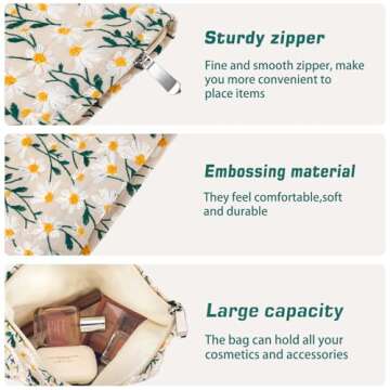 ZLFSRQ Daisy Flower Makeup Bag Travel Cute Floral Cosmetic Bag for Women Girls Small Embroidery Makeup Zipper Portable Storage Toiletry Pouch for Purse Aesthetic Christmas Essential Cosmetic Organizer