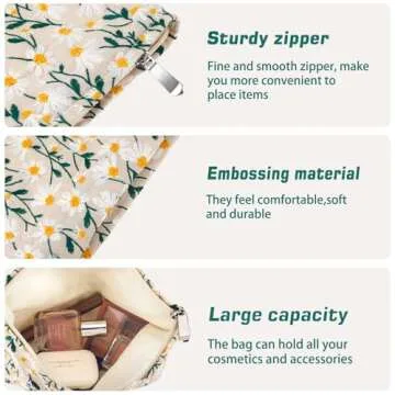 ZLFSRQ Daisy Flower Makeup Bag Travel Cute Floral Cosmetic Bag for Women Girls Small Embroidery Makeup Zipper Portable Storage Toiletry Pouch for Purse Aesthetic Christmas Essential Cosmetic Organizer