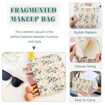 ZLFSRQ Daisy Flower Makeup Bag Travel Cute Floral Cosmetic Bag for Women Girls Small Embroidery Makeup Zipper Portable Storage Toiletry Pouch for Purse Aesthetic Christmas Essential Cosmetic Organizer