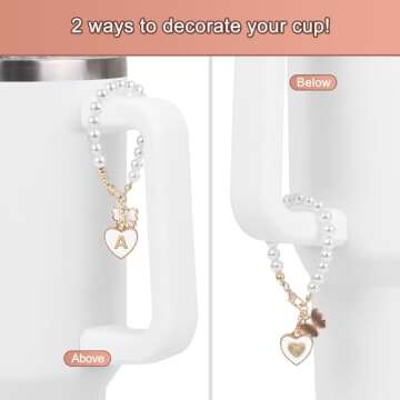 3PCs Letter Charm Accessories for Stanley Cup, ID Initial Letter Charm Personalized Handle Charm for Stanley/Simple Modern Tumbler 30 40oz, Pearl Chain Butterfly Decor with 3 Charms Replacement (V)