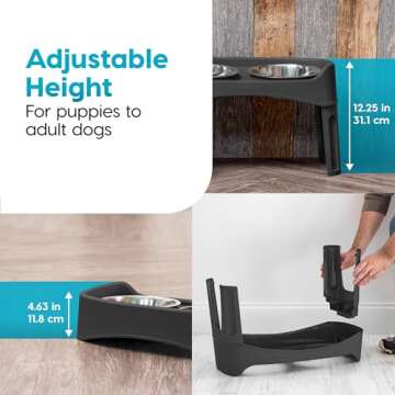 IRIS USA Elevated Dog Bowls, Adjustable Height, 2 Thick 64 oz Stainless Steel Bowls, Spill-Proof with Raised Outer Rim, Durable Made in USA Plastic, Easy Assemble, 2 Heights 4.63" or 12.25" Black