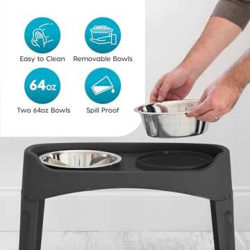 IRIS USA Elevated Dog Bowls, Adjustable Height, 2 Thick 64 oz Stainless Steel Bowls, Spill-Proof with Raised Outer Rim, Durable Made in USA Plastic, Easy Assemble, 2 Heights 4.63" or 12.25" Black