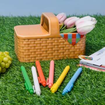 ban.do Novelty Ceramic Planter with Drainage Hole, Decorative Planter, Ceramic Planter for Home Decor, Cute Decor, Unique Planter, Picnic Basket