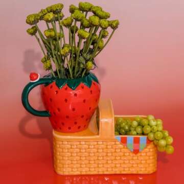 ban.do Novelty Ceramic Planter with Drainage Hole, Decorative Planter, Ceramic Planter for Home Decor, Cute Decor, Unique Planter, Picnic Basket