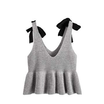 SweatyRocks Women's Strappy Spaghetti Strap Ruffle Hem Peplum Cropped Knit Sweater Grey L