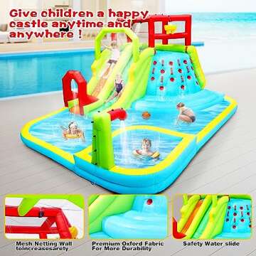WELLFUNTIME Inflatable Water Slide Park, Bouncy Castle with Deep Pool, 3 Inflatable Sport Balls and ...