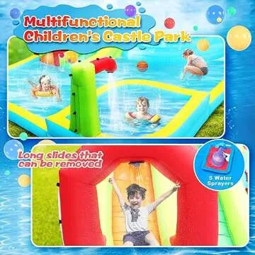 WELLFUNTIME Inflatable Water Slide Park, Bouncy Castle with Deep Pool, 3 Inflatable Sport Balls and 4 Water Guns, Jumping Castle with Air Blower
