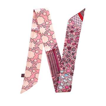 IMLECK Skinny Scarf Simple Floral Print Necktie Handbag Handle Wrap Silk Ribbon for Women