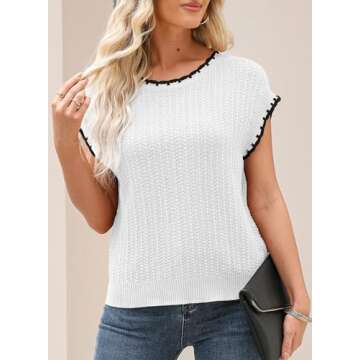 EVALESS Womens Cap Sleeve Sweater Vest Summer Crewneck Short Sleeve Pullover Sweaters Cute Dressy Casual Tops for Women 2025 Trendy Lightweight Cotton Knit Tops Spring Fashion Clothes White Large
