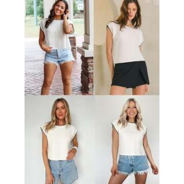 EVALESS Womens Cap Sleeve Sweater Vest Summer Crewneck Short Sleeve Pullover Sweaters Cute Dressy Casual Tops for Women 2025 Trendy Lightweight Cotton Knit Tops Spring Fashion Clothes White Large