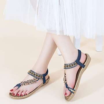Ablanczoom Womens Sandals Flats Shoes: Comfortable Bohemian Beaded Dressy Summer Flat Casual Ankle S...