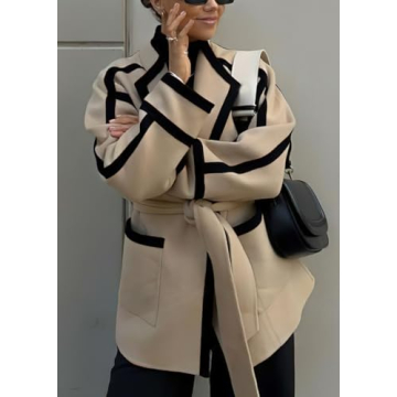 chouyatou Women's Winter Wool Jacket Contrast Color Business Casual Oversized Winter Wool Coat with Belt (X-Large, Light Khaki)