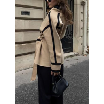 chouyatou Women's Winter Wool Jacket Contrast Color Business Casual Oversized Winter Wool Coat with Belt (X-Large, Light Khaki)