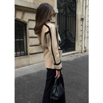 chouyatou Women's Winter Wool Jacket Contrast Color Business Casual Oversized Winter Wool Coat with Belt (X-Large, Light Khaki)