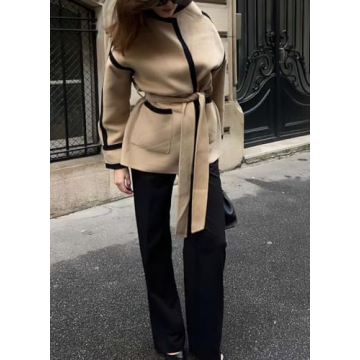 chouyatou Women's Winter Wool Jacket Contrast Color Business Casual Oversized Winter Wool Coat with Belt (X-Large, Light Khaki)