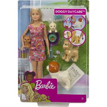 Barbie Doggy Daycare Playset with Blonde Fashion Doll, 4 Pet Dogs & Accessories, Color Change & Potty Feature