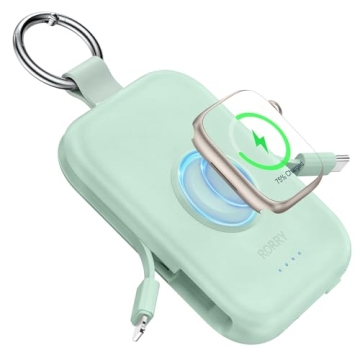 RORRY Portable Charger, 5000mAh Portable Charger Power Bank with Built-in Cables, Travel Keychain Battery Pack for Apple Watch Ultra 2/9/8/Ultra/7/6/SE/5, iPhone 16/15/14/13/12, Green
