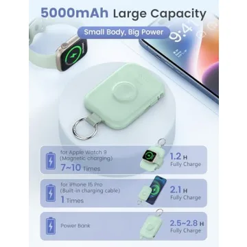 RORRY Portable Charger, 5000mAh Portable Charger Power Bank with Built-in Cables, Travel Keychain Battery Pack for Apple Watch Ultra 2/9/8/Ultra/7/6/SE/5, iPhone 16/15/14/13/12, Green