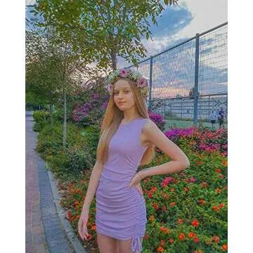 BTFBM Women Sleeveless Bodycon Ruched Short Dress Side Drawstring Solid Crew Neck Casual Summer Tank Shirt Mini Dresses (Purple, Small)