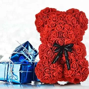 Artificial Flowers Valentines Day Gifts, Rose Teddy Bear Fully Assembled Rose Bear - Over 250 Dozen Valentines Day,Gift for Mothers Day, Anniversary & Bridal Showers - 10 inch Clear Gift Box (red)