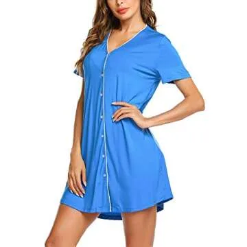 Ekouaer Womens Short Sleeve Nightgown Button Down Nightshirt Sleep Shirt Soft Pajama Top Blue