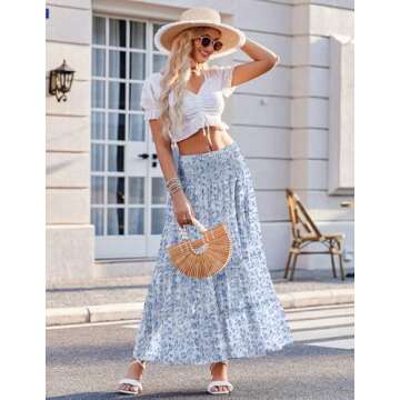 Zeagoo Women's Bohemian Style Elastic Waist Long Maxi Skirt Double Layer Floral Printed Casual Dress...