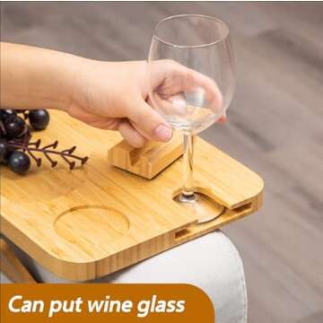 Bamboo Couch Arm Tray Table, Foldable Sofa Arm Tray Clip Table Goblet Card Slots, 360° Rotating Pho...