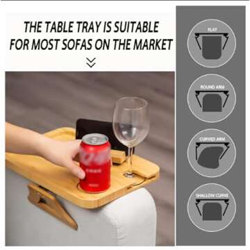 Bamboo Couch Arm Tray Table, Foldable Sofa Arm Tray Clip Table Goblet Card Slots, 360° Rotating Phone Holder, Couch Armchair Tray Meals/Drinks/Snacks/Wine/Controls (Rectangular) Primary Colors