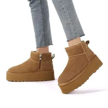 Haifago Women Platform Mini Snow Boots, Brown Suede Fur Lined Zip up Ankle Winter Booties, Womens Classic Short Boot, Botas Plataforma Para Mujer