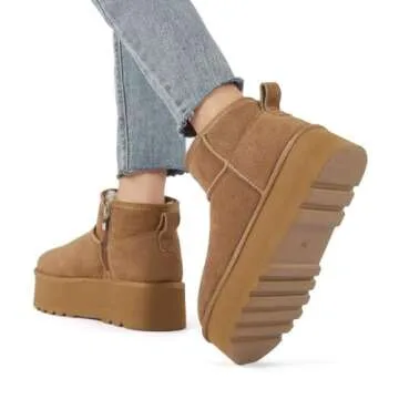 Haifago Women Platform Mini Snow Boots, Brown Suede Fur Lined Zip up Ankle Winter Booties, Womens Classic Short Boot, Botas Plataforma Para Mujer