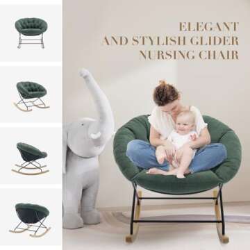 COLAMY Rocking Chair Nursery, Upholstered Glider Rocker Accent Chair Saucer Armchair with Comfy Cushions, Wood Base and Metal Legs for Living Room, Bedroom, Office, Green