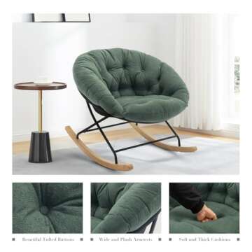 COLAMY Rocking Chair Nursery, Upholstered Glider Rocker Accent Chair Saucer Armchair with Comfy Cushions, Wood Base and Metal Legs for Living Room, Bedroom, Office, Green