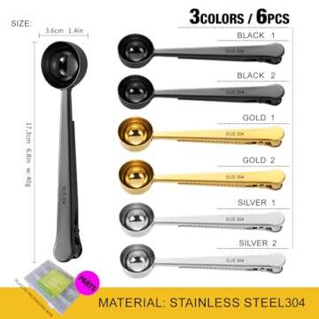 6 Pack Coffee Scoop Clip Stainless Steel Coffee Scoops Spoon Sealing Clip 2-in-1 Tablespoon Coffee S...